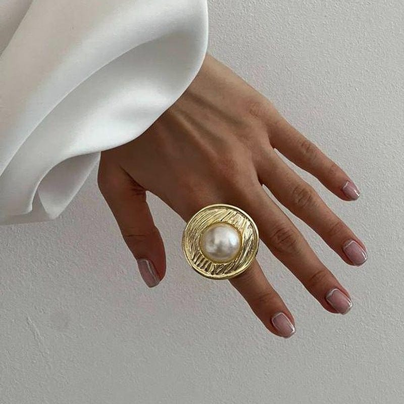 Round Pearl 18K Gold Plated Anti Tarnish Free Size Ring For Women