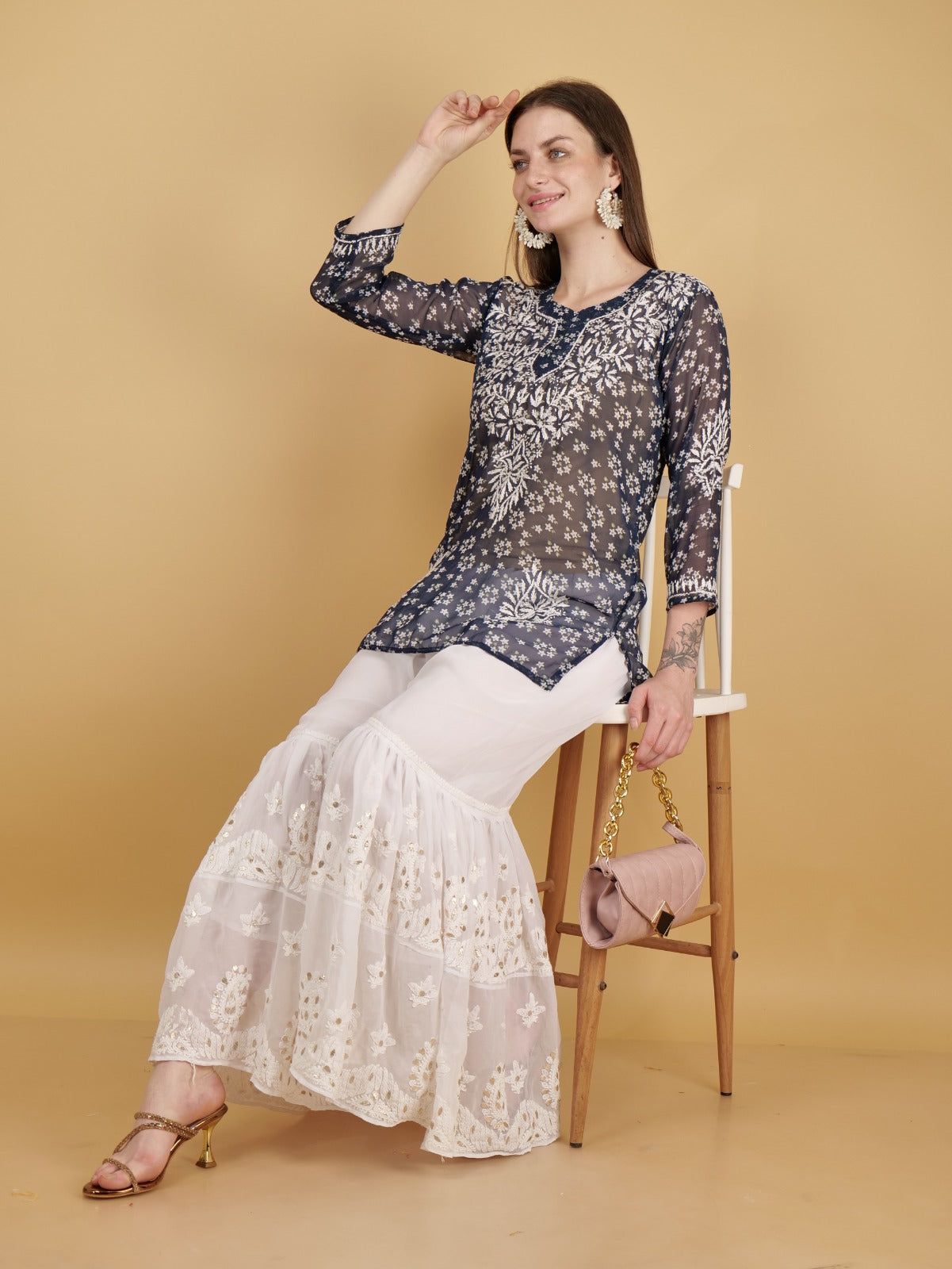 Hand Embroided Lucknow Chikankar Short Straight Georgette Kurta