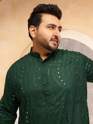 Men's Cotton Designer Green Long Kurta with Mirror Embroidery-46