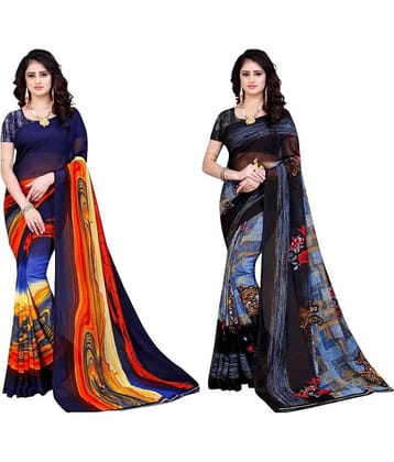 LEELAVATI Georgette Printed Saree With Unstitched Blouse Piece ( Navy Blue )