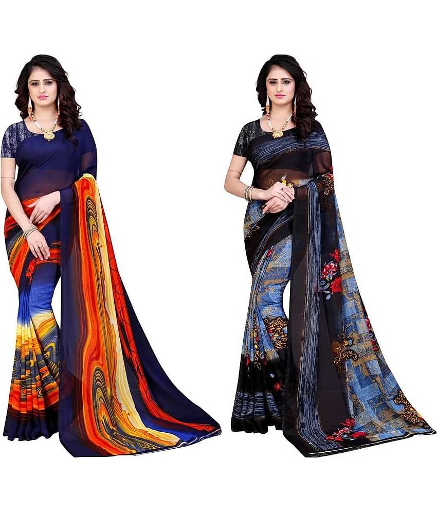 LEELAVATI Georgette Printed Saree With Unstitched Blouse Piece ( Navy Blue )