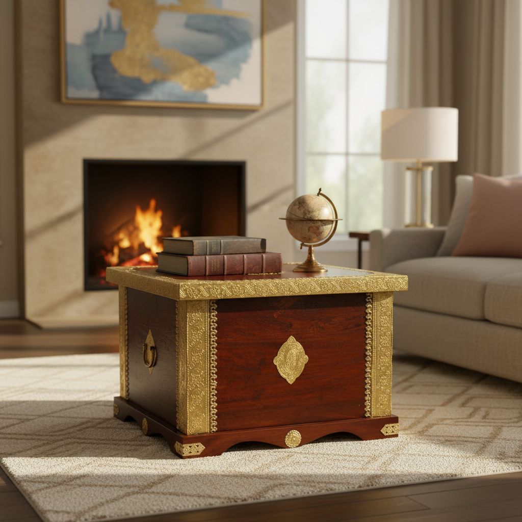 Wooden Brass Fiting Central Trunk Storage Table Box-BedSide Living Room Box