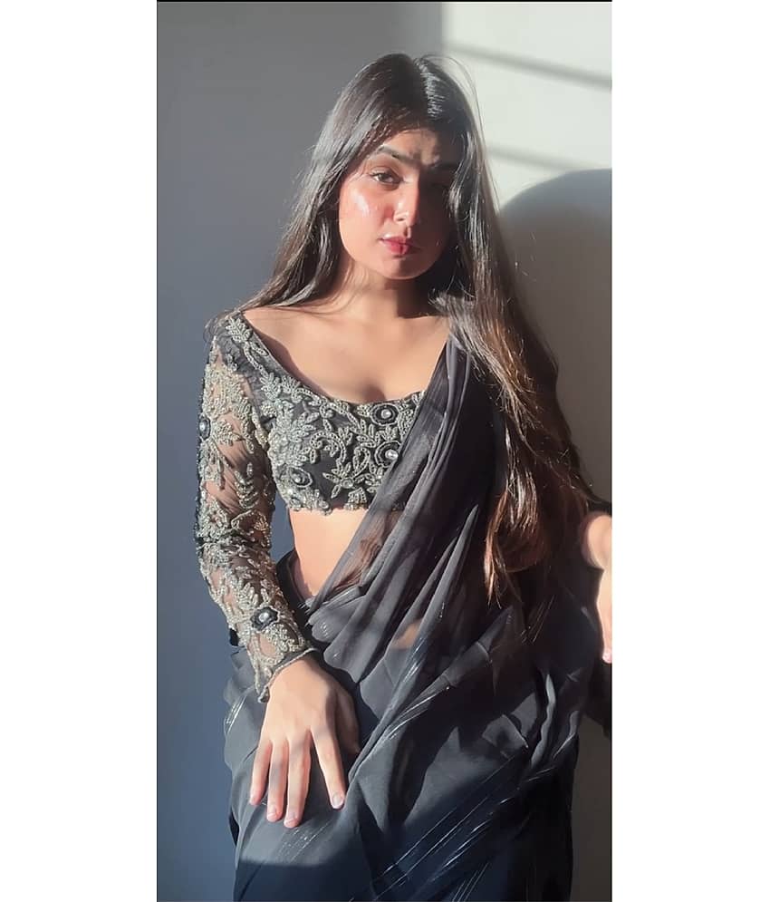 ANAND SAREES Georgette Striped Ilkal Saree With Unstitched Blouse Piece ( BLACK )