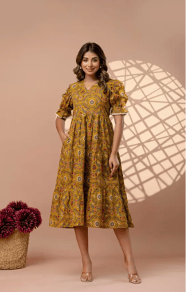 Ochre Yellow 3-Tier Cambric Cotton Midi Dress - Puff Sleeves