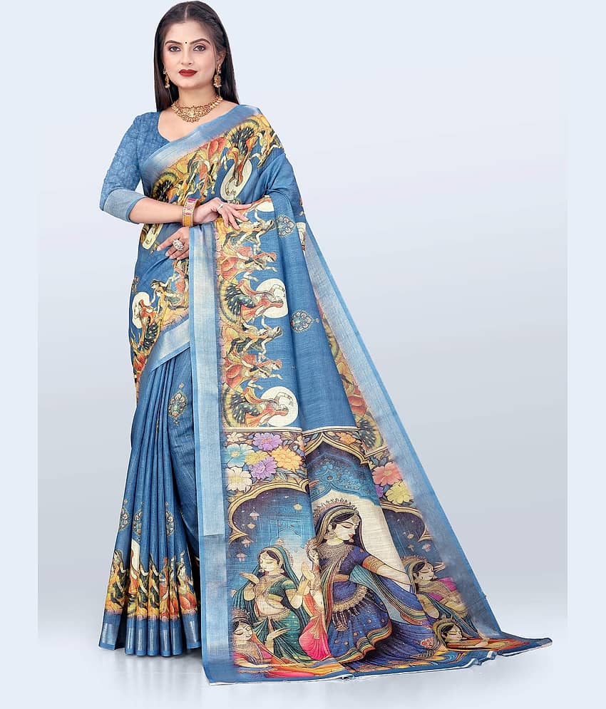 VTEXX Cotton Printed Regular Saree With Unstitched Blouse Piece ( Yellow )