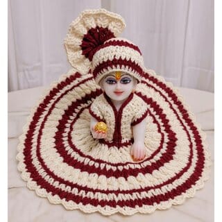 Handmade Crochet Laddu Gopal Dress with Pagdi | Winter Kanha Ji Poshak, Maroon Cream