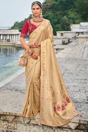 Beige Heavy Work Banarasi Saree With Readymade Blouse