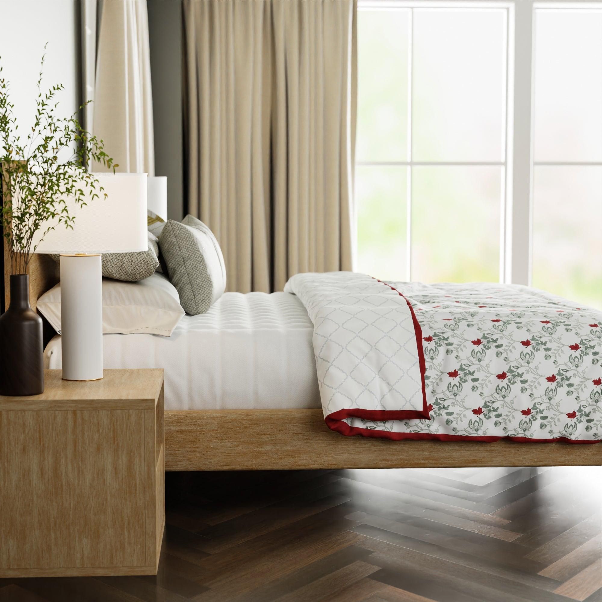 Hand Block Printed Duvet Cover Set 90x108-Green, Red, Grey / 200 TC Cotton Percale / 90x108