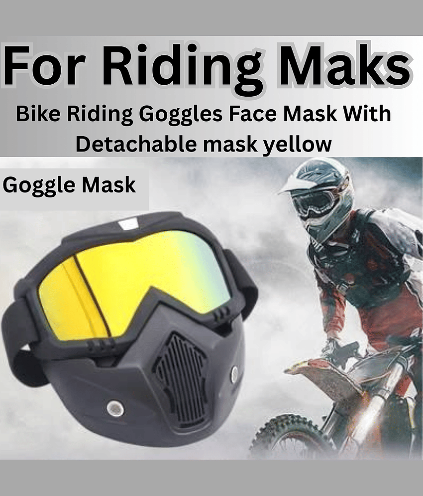 Aksmit ( Pack Of 1 ) Goggle mask Anti Scratch UV Protective Face Mask, Bike Riding Goggles Mask with Detachable Face Mask, Adjustable Elastic Strap Goggles Mask for Helmet (Yellow)