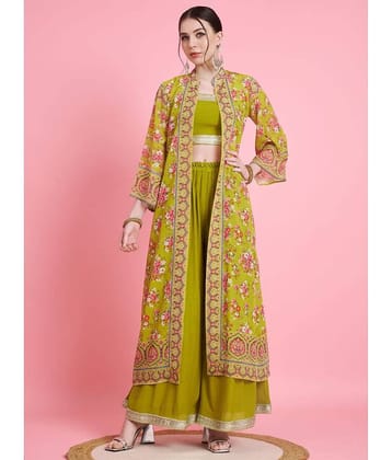 Vbuyz Women Georgette Printed Jacket Style Kurti With Palazzo ( Green )