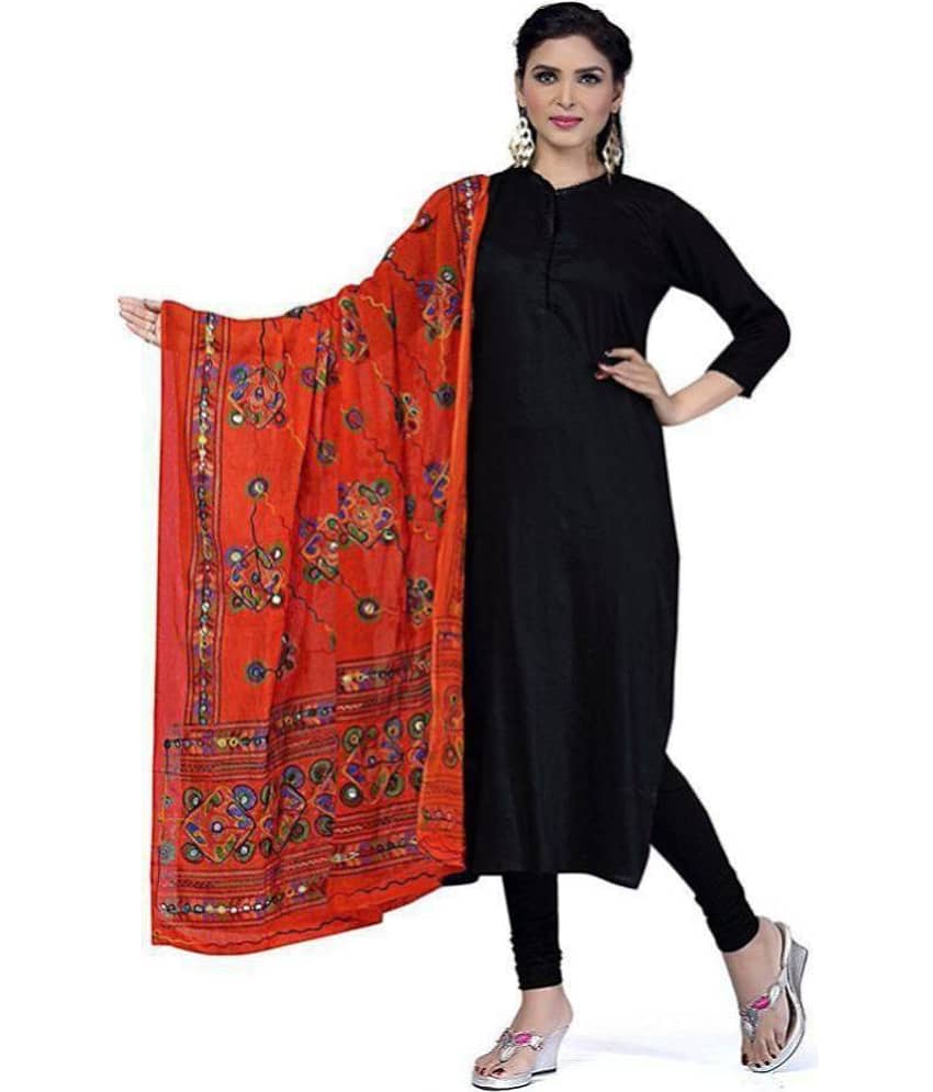 Apratim Orange Cotton Hand Embroidered Dupatta