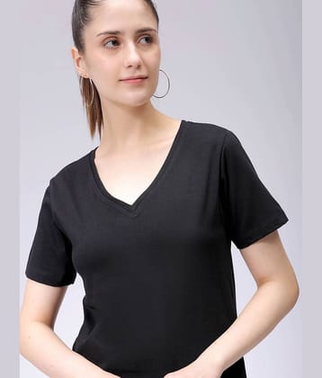 Freehand Women Cotton Solid Regular Fit V-Neck T-Shirt ( Black )