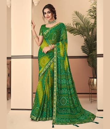 Nandini Creation Chiffon Printed Saree With Unstitched Blouse Piece ( Green )