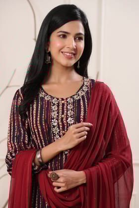 Aafrah Shifayat Ajrakh Modal Silk Gotta Work Kurta-S / Navy Blue/Rust / Navy