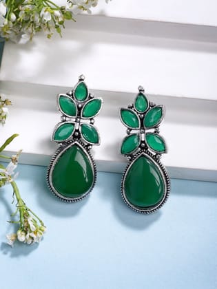 NVR Women Green Artificial Stones Silver Plated Drop Earrings-One Size / Green / Brass