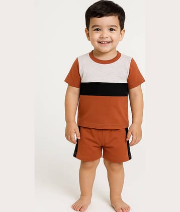 RELANE Pack of 1 Boys Cotton Blend T-Shirt & Shorts Set ( Rust )
