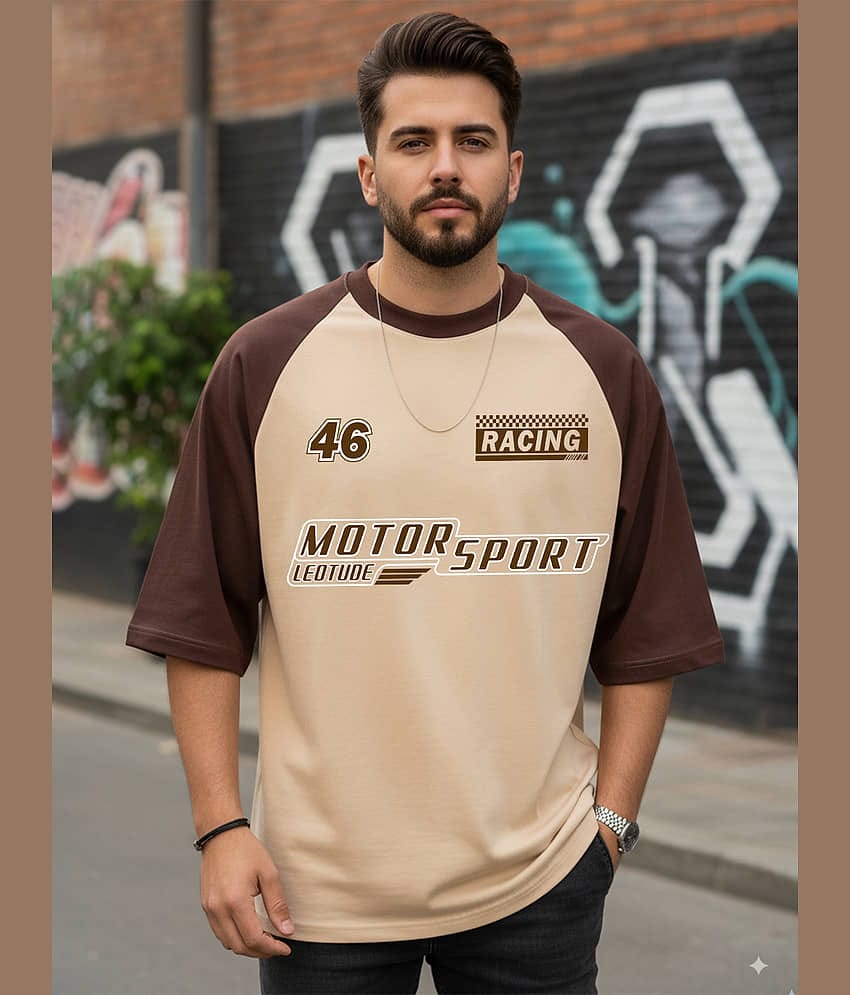 Leotude Men Cotton Blend Oversized Fit Printed T-Shirt ( Beige )
