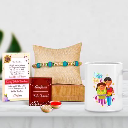 Designer Pearl Rakhi with Mug for Brother and Roli Chawal Pack, Best Wishes Greeting Card