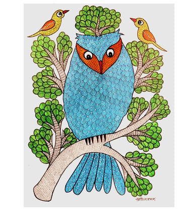 Handcrafted Gond Sea Blue Owl Painting with Birds & Tree , Traditional Tribal Folk Art of Madhya Pradesh Handcrafted Gond Sea Blue Owl Painting with Birds & Tree , Traditional Tribal Folk Art of Madhya Pradesh