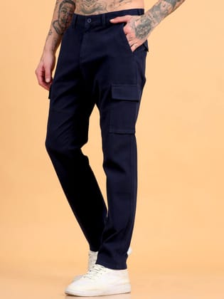 Men Cotton Regular Fit Cargo Trousers, NAVY BLUE-36 / Navy Blue