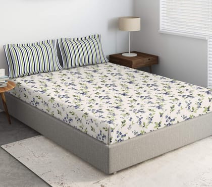 DDECOR - Florette 100% Cotton Fitted Bedsheet with 2 Pillow Covers, King Size, Blue