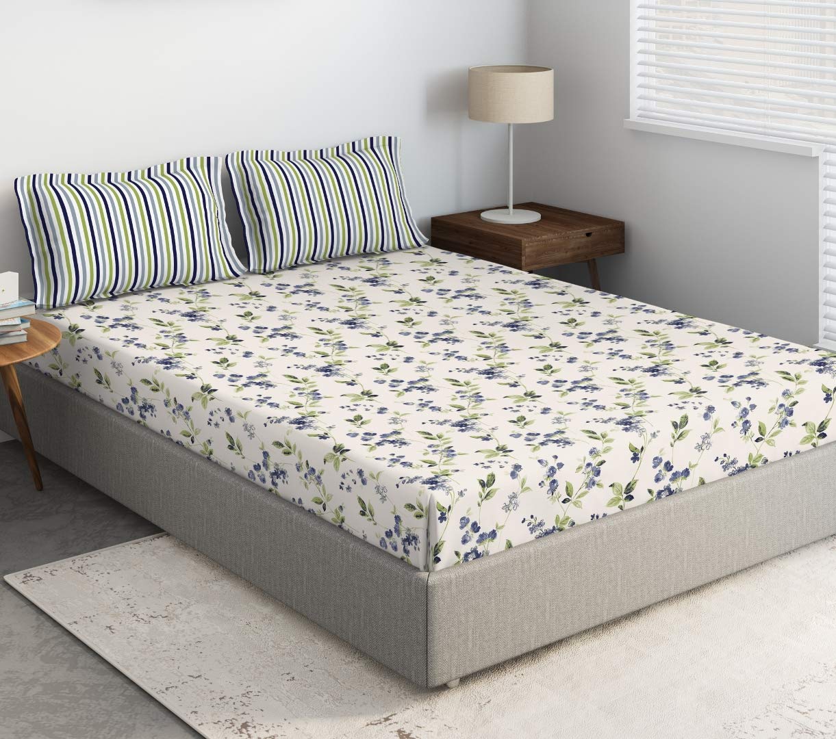 DDECOR - Florette 100% Cotton Fitted Bedsheet with 2 Pillow Covers, King Size, Blue