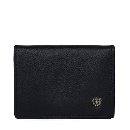 Smart Bi-Fold Black Pebbled Leather Card Holder With Metal Lion Logo By Brune & Bareskin-FS
