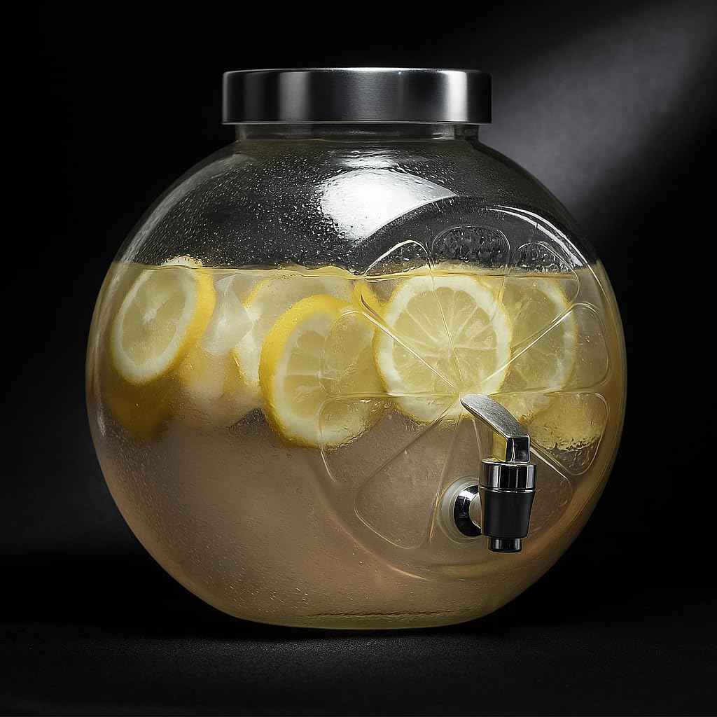 Round Glass Water & Juice Tank | 5000 ML | Dispenser with lid and Tap | Glass Pitcher for Beer, Cocktails, Juice, Cold Drinks and Detox Water | Set of 1