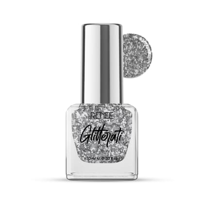 RENEE Glitterati Nail Paint - Silver Flake 10ml, Quick Drying, Glittery Finish, Long Lasting, Chip resisting Formula with High Glitter & Full Coverage, Acetone & Paraben Free RENEE Glitterati Nail Paint - Silver Flake 10ml, Quick Drying, Glittery Finish,