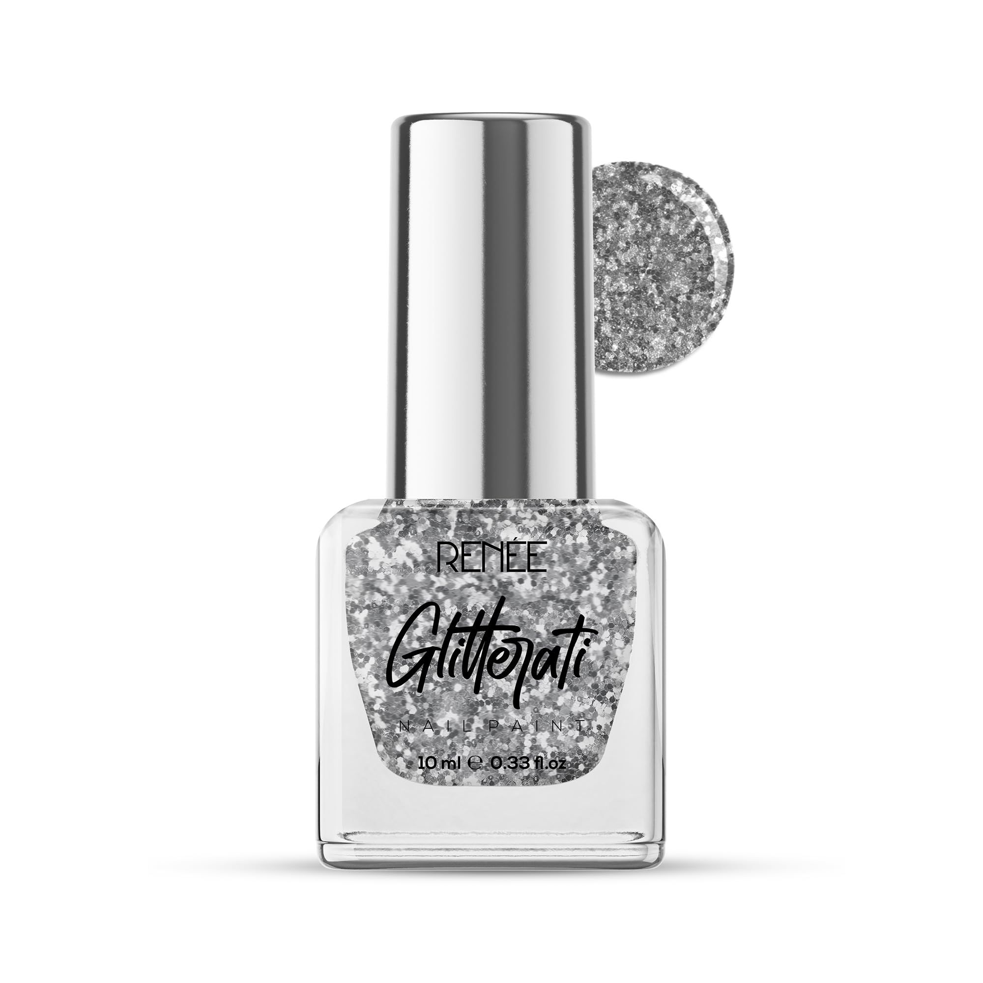 RENEE Glitterati Nail Paint - Silver Flake 10ml, Quick Drying, Glittery Finish, Long Lasting, Chip resisting Formula with High Glitter & Full Coverage, Acetone & Paraben Free RENEE Glitterati Nail Paint - Silver Flake 10ml, Quick Drying, Glittery Finish,
