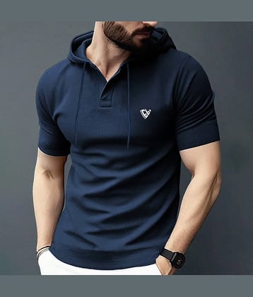 Eyebogler Cotton Blend Regular Fit Solid Half Sleeves Men's Hooded T-Shirt - Navy Blue ( Pack of 1 )