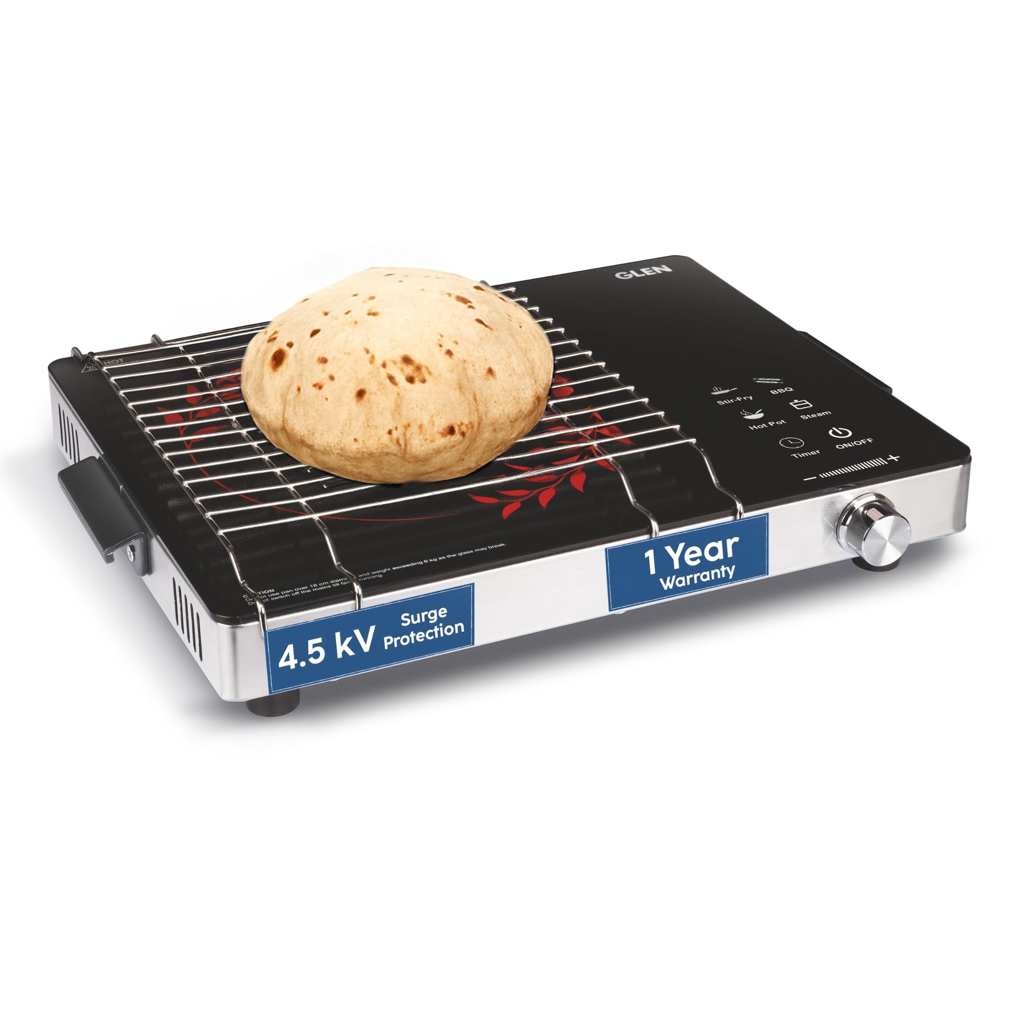 Glen 2200W Infrared Cooktop Stove with Grill Rack for Barbecue, Touch Control, Crystal Glass Plate, Digital Display, 4 Modes, Timer, Surge Protection, for Induction & Flat Bottom Utensils (SA-3077IR) Glen 2200W Infrared Cooktop Stove with Grill Rack for