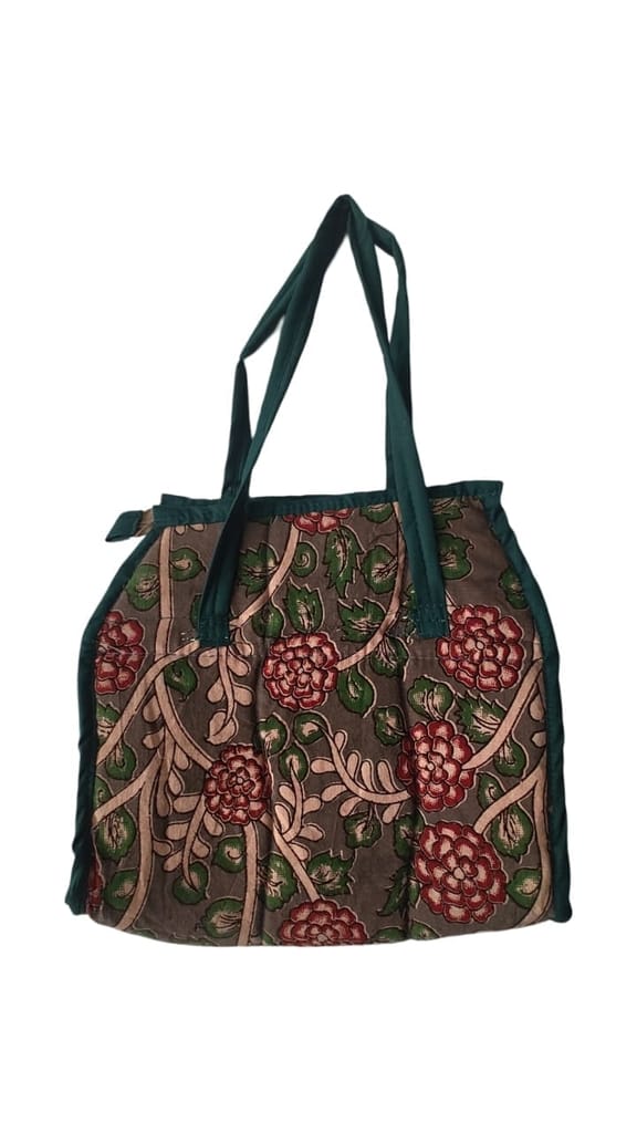 AP MEPMA KALANKARI BAGS Handcrafted Kalamkari Cotton Tote Bag with Floral Print and Green Trim