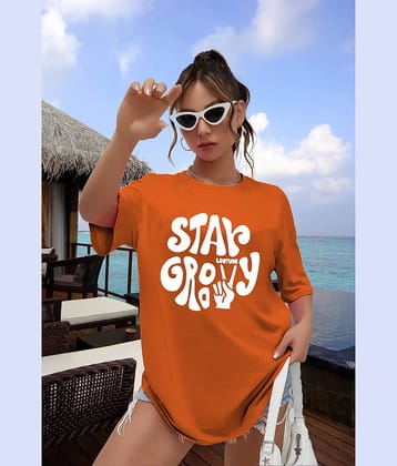 Leotude Women Cotton Blend Printed Oversized Fit Round Neck T-Shirt ( Orange )
