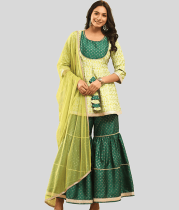 Juniper - Green Anarkali Silk Blend Women's Stitched Salwar Suit ( Pack of 1 )