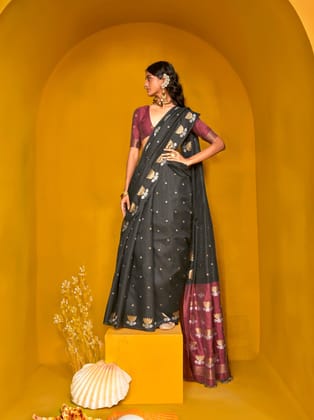 Black Pure Tusser Handloom Weaving Silk Saree