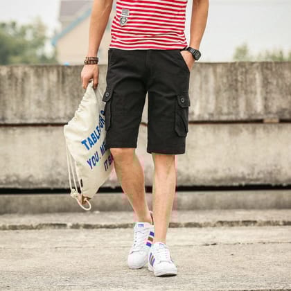 Romano nx 100% Cotton Cargo Bermuda Shorts for Men- With Many Pockets & Side Zipper Pockets Black Color-28 Waist (in Inches)