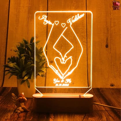 Personalized 3D Illusion LED Table Lamp | Customized Name Lamp for Couple Gift Anniversary, Wedding, Marriage, Valentine Day- Wooden Base. (Square)-Warm White