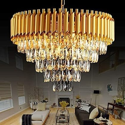 SPARKWORLD Gold Crystal Gold Polish Metal 600Mm Chandelier Hanging Ceiling Pendant Jhoomer Chandelier Ceiling Lamp | Size: 60X60 cm | Colour: Gold(600mm)