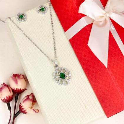 Cubic Zirconia Green Stone Rhodium Plated Flower Pendant Set - SIA446774_A