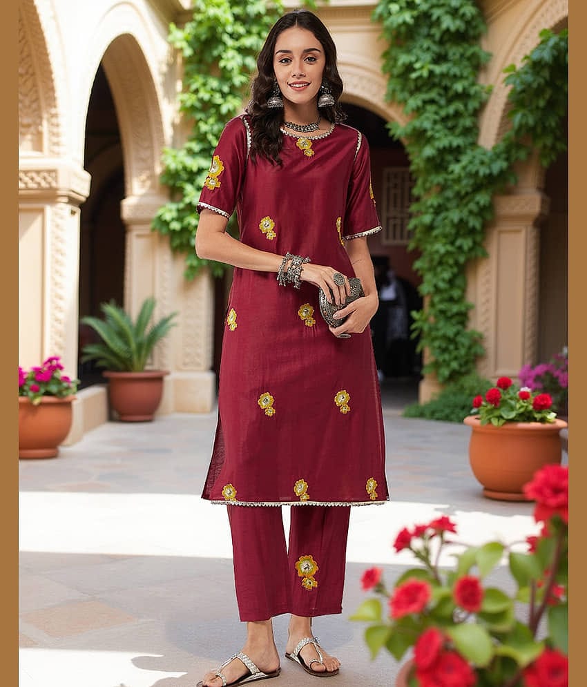 Pannkh Women Viscose Embroidered Straight Kurti ( Maroon )