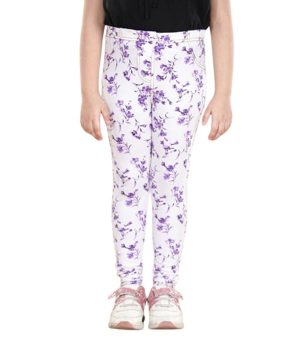 Girl's Cotton Blended Floral Elasticated Jeggings (White-Lavender, 6-7-Yrs)-PID66077