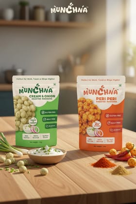 Munchna – Roasted Makhana Combo (Pack of 2: Peri Peri & Cream & Onion) | Light, Flavourful, Gluten-Free, Premium Grade Snack Mix | 50 Gram Each