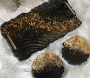 Handicraft Exim Resin Serving Tray and Coaster Set | Black and Gold | Elegant Home Decor | Serving & Entertaining