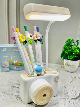 3in1 Cute Camera Shape Table Desk Flexible LED Lamp with Pen Pencil Holder & Pencil Sharpener-White