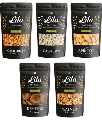 Lila Dry Fruits Combo Pouch Pack 1Kg (5x200g) Almond, Walnut, Afghani Anjeer, Cashew, Dried Apricot
