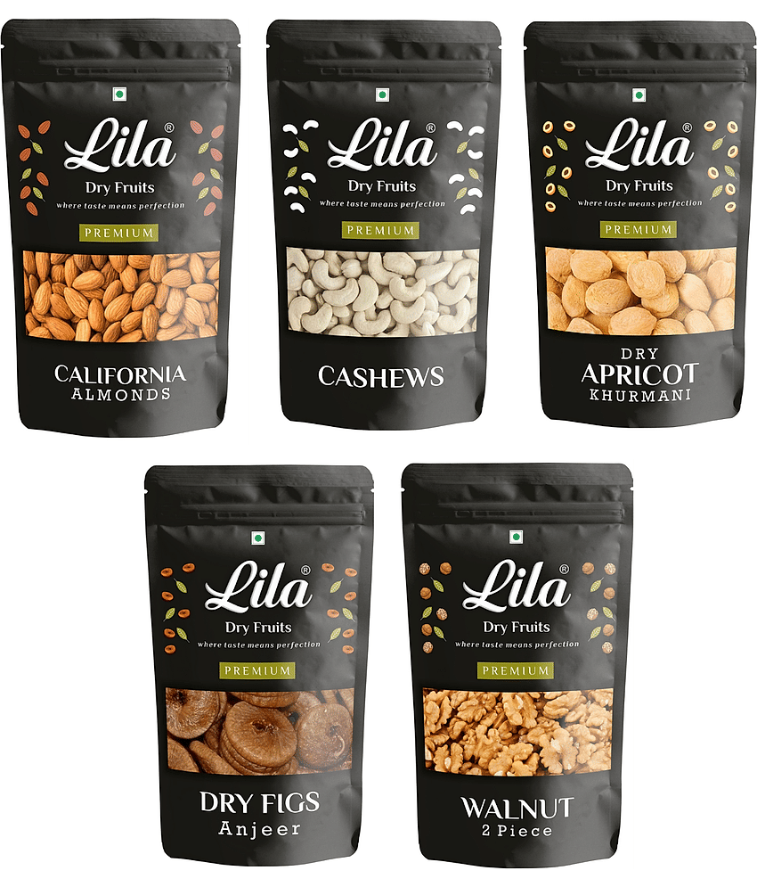 Lila Dry Fruits Combo Pouch Pack 1Kg (5x200g) Almond, Walnut, Afghani Anjeer, Cashew, Dried Apricot