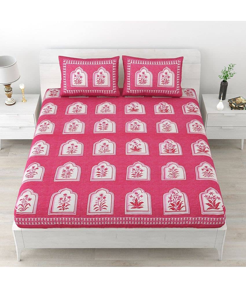 Uniqchoice Cotton Floral Double Bedsheet with 2 Pillow Covers - Pink