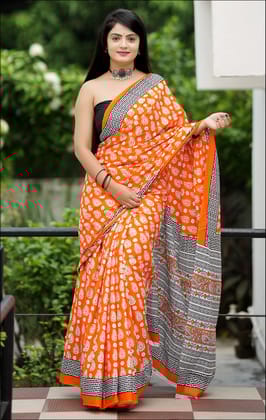 Handicraft Ladies Ikat Block Print Pure soft Cotton Sari With Blouse Piece-Orange