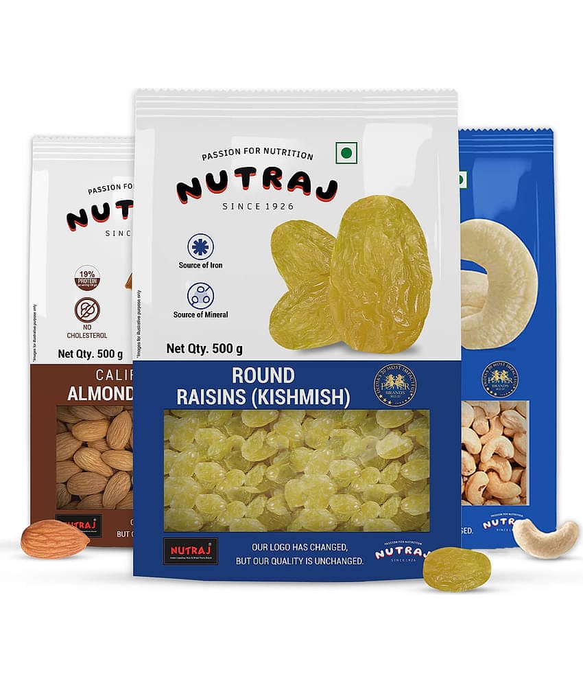 Nutraj Dry Fruit Combo Pack California Almonds 500g, Cashew 500g, Round Raisins 500g